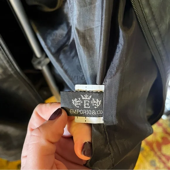 Emporio & Co. Vintage Men's Black Leather Jacket, Size Medium.